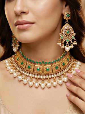 Lucky jewellery gold-plated green color choker necklace set with tikka 2