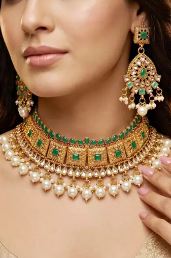 Lucky jewellery gold-plated green color choker necklace set with tikka