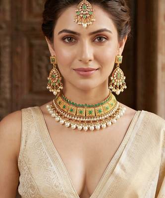 Lucky jewellery gold-plated green color choker necklace set with tikka 3