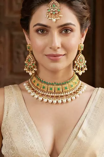 Lucky jewellery gold-plated green color choker necklace set with tikka