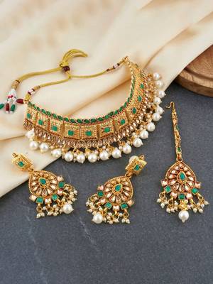 Lucky jewellery gold-plated green color choker necklace set with tikka 4