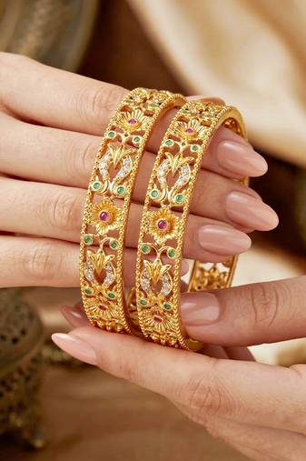 Gold laxmi ad floral bangle pink green