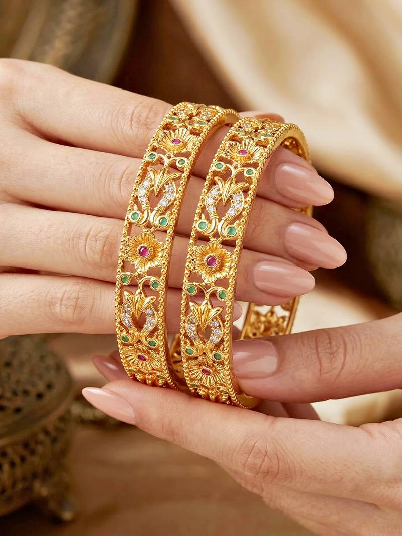 Gold laxmi ad floral bangle pink green