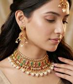 Lucky jewellery gold-plated ruby & green color choker necklace set with tikka
