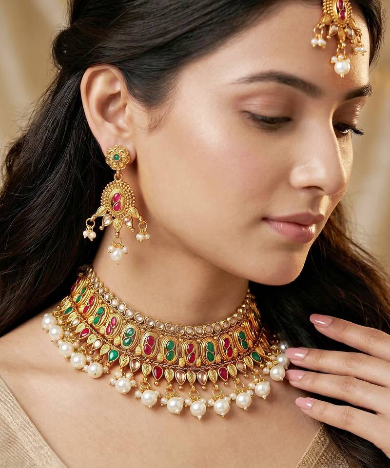 Lucky jewellery gold-plated ruby & green color choker necklace set with tikka
