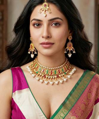 Lucky jewellery gold-plated ruby & green color choker necklace set with tikka 2
