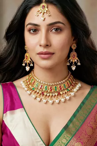 Lucky jewellery gold-plated ruby & green color choker necklace set with tikka