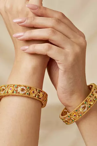 Gold laxmi ad floral bangle pink green