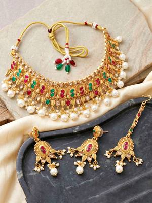 Lucky jewellery gold-plated ruby & green color choker necklace set with tikka 3