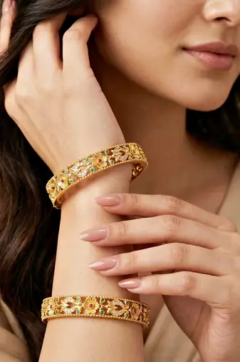 Gold laxmi ad floral bangle pink green