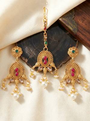Lucky jewellery gold-plated ruby & green color choker necklace set with tikka 4