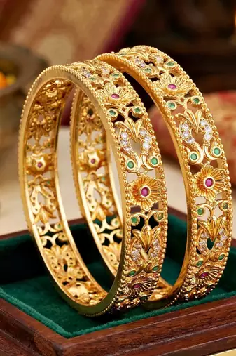 Gold laxmi ad floral bangle pink green