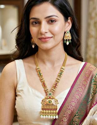 Lucky jewellery gold-plated ruby & green color long pendant necklace set 1