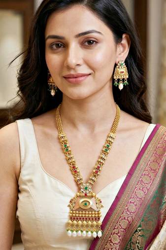 Lucky jewellery gold-plated ruby & green color long pendant necklace set