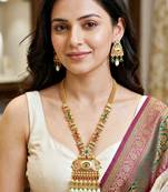 Lucky jewellery gold-plated ruby & green color long pendant necklace set