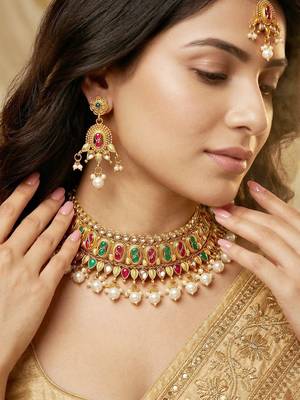 Lucky jewellery gold-plated ruby & green color choker necklace set with tikka 5
