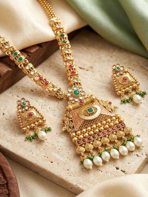 Lucky jewellery gold-plated ruby & green color long pendant necklace set 2
