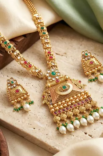 Lucky jewellery gold-plated ruby & green color long pendant necklace set