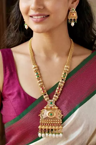 Lucky jewellery gold-plated ruby & green color long pendant necklace set