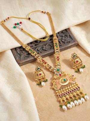 Lucky jewellery gold-plated ruby & green color long pendant necklace set 4