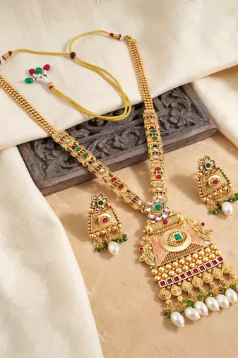 Lucky jewellery gold-plated ruby & green color long pendant necklace set