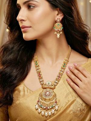 Lucky jewellery gold-plated ruby & green color long traditional necklace set 1