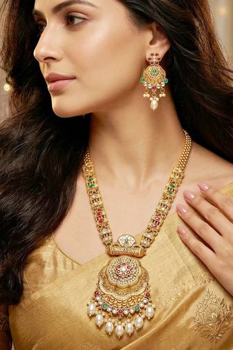 Lucky jewellery gold-plated ruby & green color long traditional necklace set