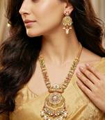 Lucky jewellery gold-plated ruby & green color long traditional necklace set