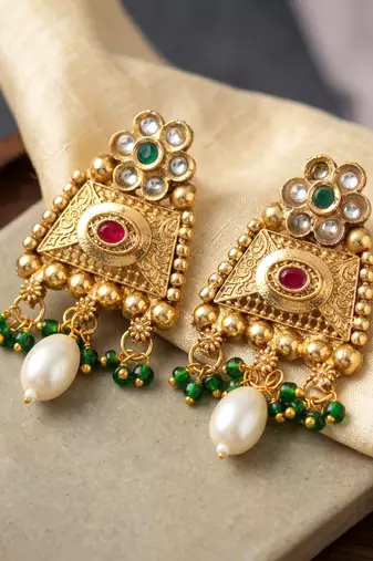 Lucky jewellery gold-plated ruby & green color long pendant necklace set