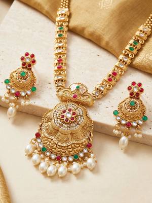 Lucky jewellery gold-plated ruby & green color long traditional necklace set 2