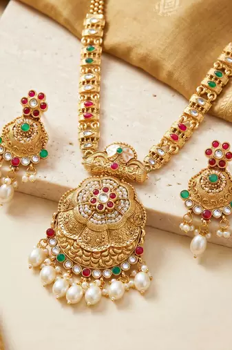 Lucky jewellery gold-plated ruby & green color long traditional necklace set