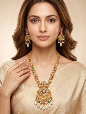 Lucky jewellery gold-plated ruby & green color long traditional necklace set 3