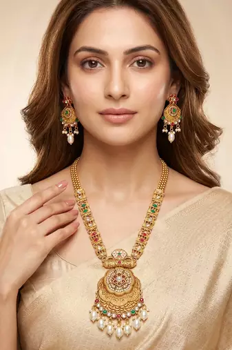 Lucky jewellery gold-plated ruby & green color long traditional necklace set