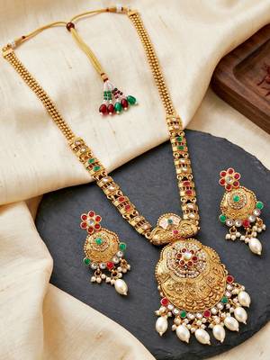 Lucky jewellery gold-plated ruby & green color long traditional necklace set 4