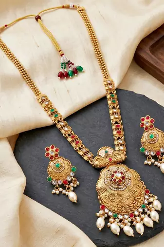 Lucky jewellery gold-plated ruby & green color long traditional necklace set