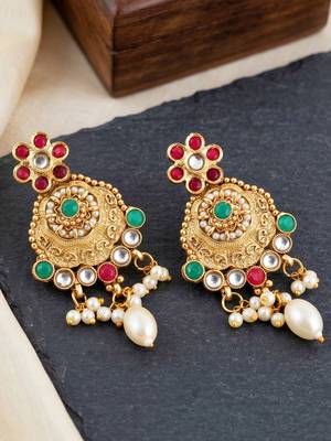 Lucky jewellery gold-plated ruby & green color long traditional necklace set 5