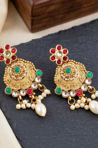 Lucky jewellery gold-plated ruby & green color long traditional necklace set