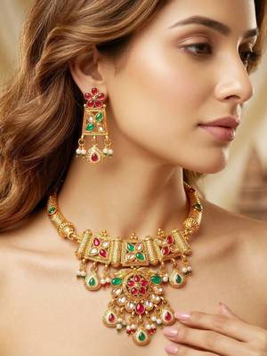 Lucky jewellery gold-plated ruby & green color traditional necklace set 1