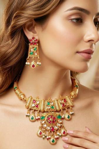 Lucky jewellery gold-plated ruby & green color traditional necklace set