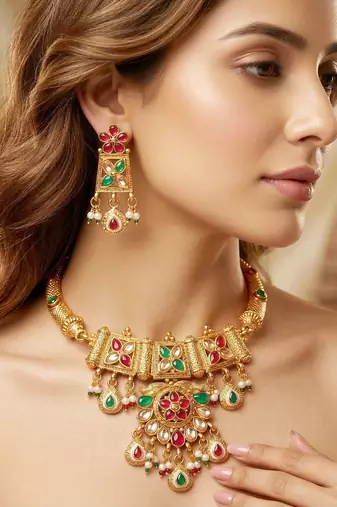 Lucky jewellery gold-plated ruby & green color traditional necklace set