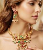 Lucky jewellery gold-plated ruby & green color traditional necklace set
