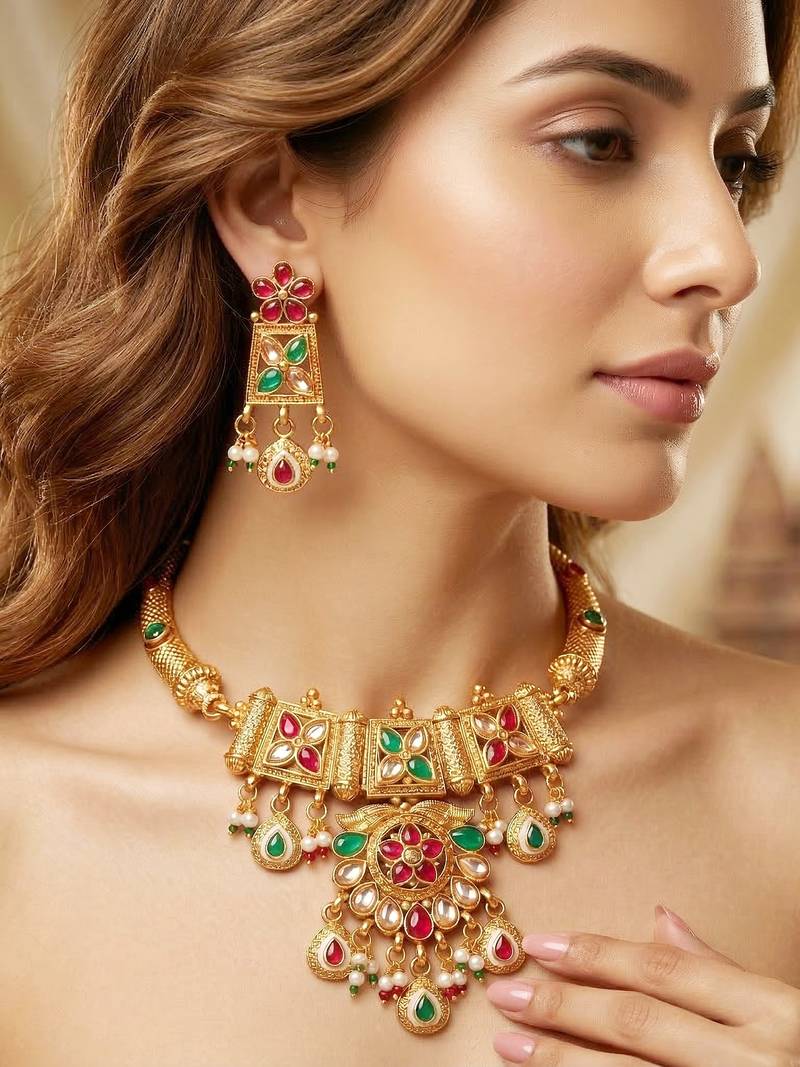 Lucky jewellery gold-plated ruby & green color traditional necklace set