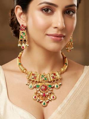 Lucky jewellery gold-plated ruby & green color traditional necklace set 2