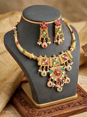 Lucky jewellery gold-plated ruby & green color traditional necklace set 3