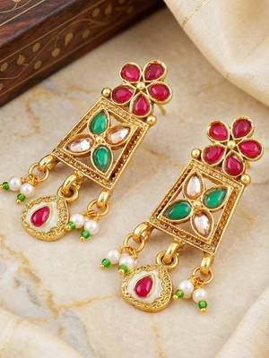 Lucky jewellery gold-plated ruby & green color traditional necklace set 4