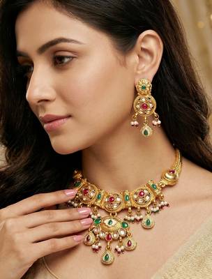 Lucky jewellery gold-plated ruby & green color traditional necklace set 1