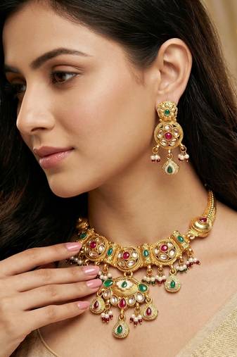 Lucky jewellery gold-plated ruby & green color traditional necklace set