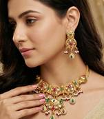 Lucky jewellery gold-plated ruby & green color traditional necklace set