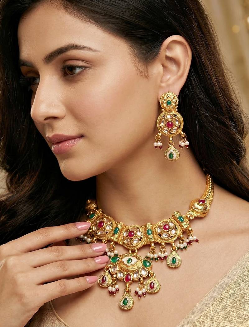Lucky jewellery gold-plated ruby & green color traditional necklace set