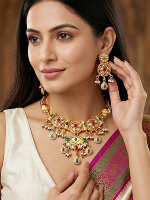 Lucky jewellery gold-plated ruby & green color traditional necklace set 2